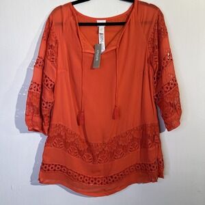 Chicos Women Blood Orange Raglan Sleeve Tie-Up Keyhole Neck Lace Tunic Top NWT‎